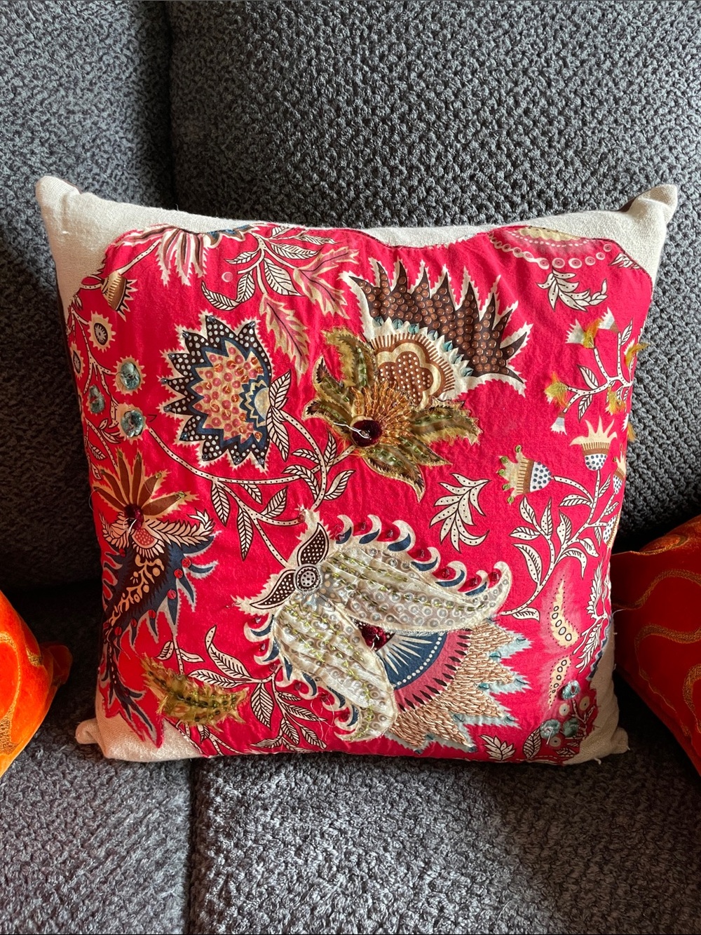 Pier 1 Red Floral Embroidered Accent Pillow